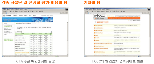 각종 사절단 및 전시회 참가 이용의 예-KITA 주관 해외전시회 일정, 기타의 예-KOBO의 해외업체 검색사이트 화면